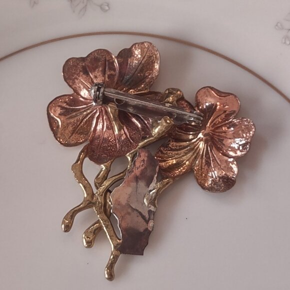 Vtg MCM Mixed Metals Artisan BROOCH Handmade Big and Beautiful Flowers 70s - Picture 5 of 6